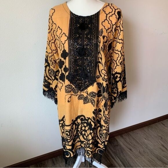 Women's Handmade Indian Kurta Sequined Tasseled Fringe Hem Golden Yellow Black - Picture 12 of 12